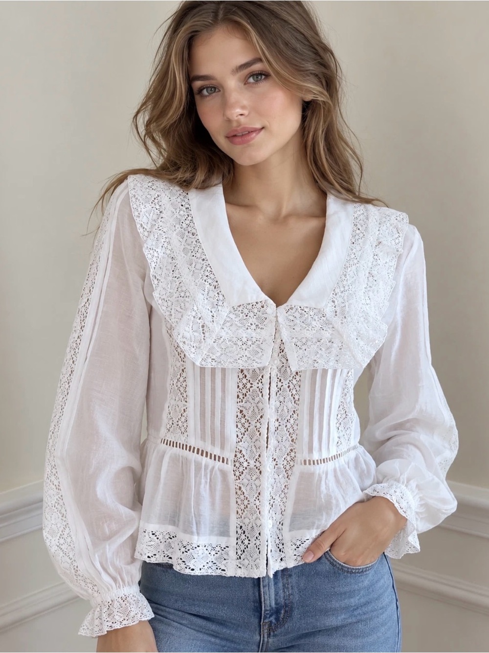 Caroline Constas Delicate White Lace Peasant Blouse Size Small